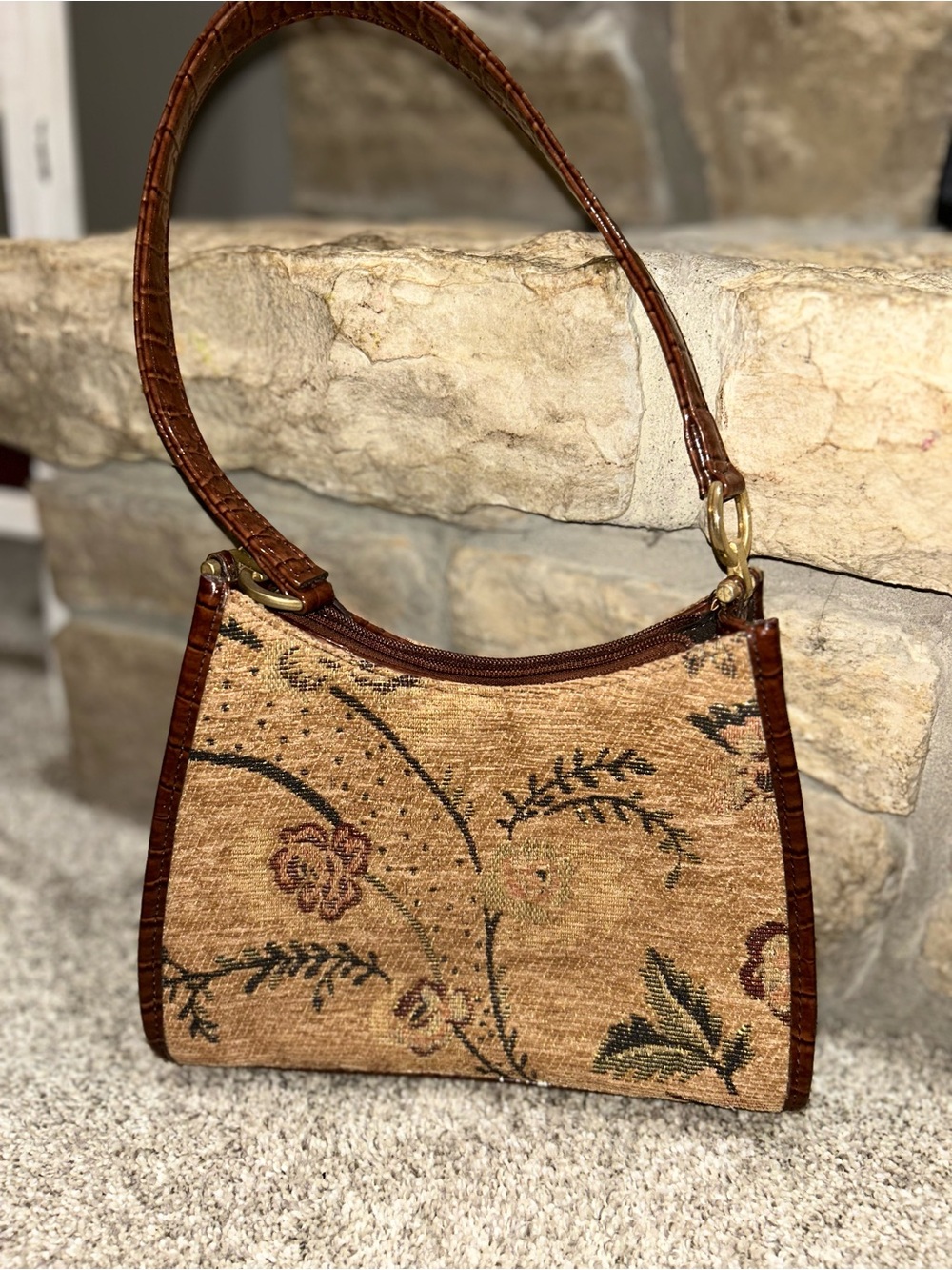 Vintage Liz Claiborne Brown Floral Tapestry Shoulder Bag